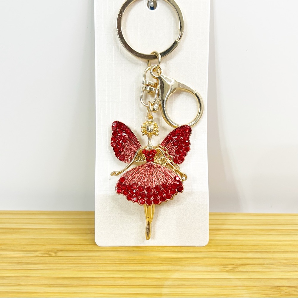 Sparkling Red Fairy Keychain – Elegant Gold-Tone Charm